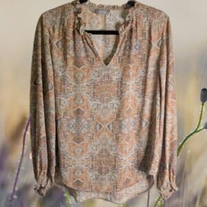 Zoe medium long sleeve muted colors polyester geo print woman's casual blouse